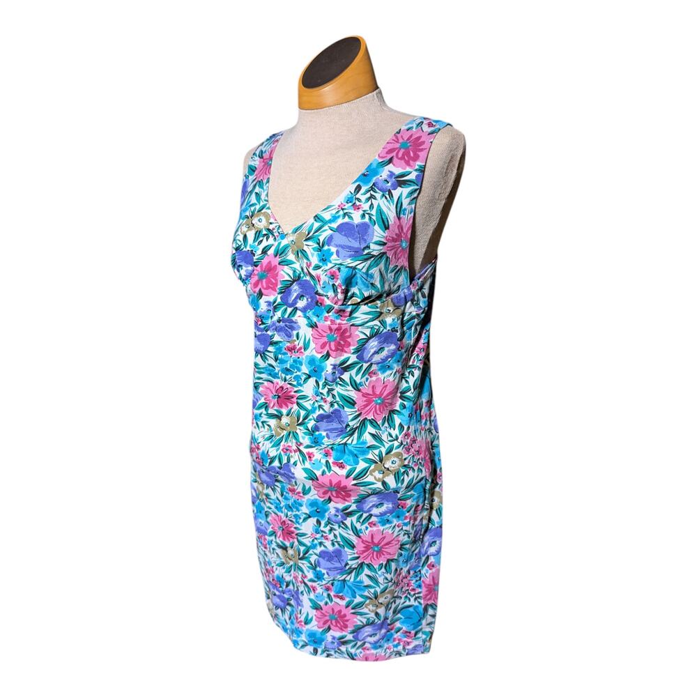 Vtg 1990s Instant Action Blue Pink Floral Print Stretch Cotton Mini Dress Sz L